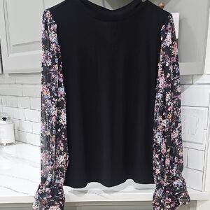 CeCe Black Top with Multicolor Floral Sleeves